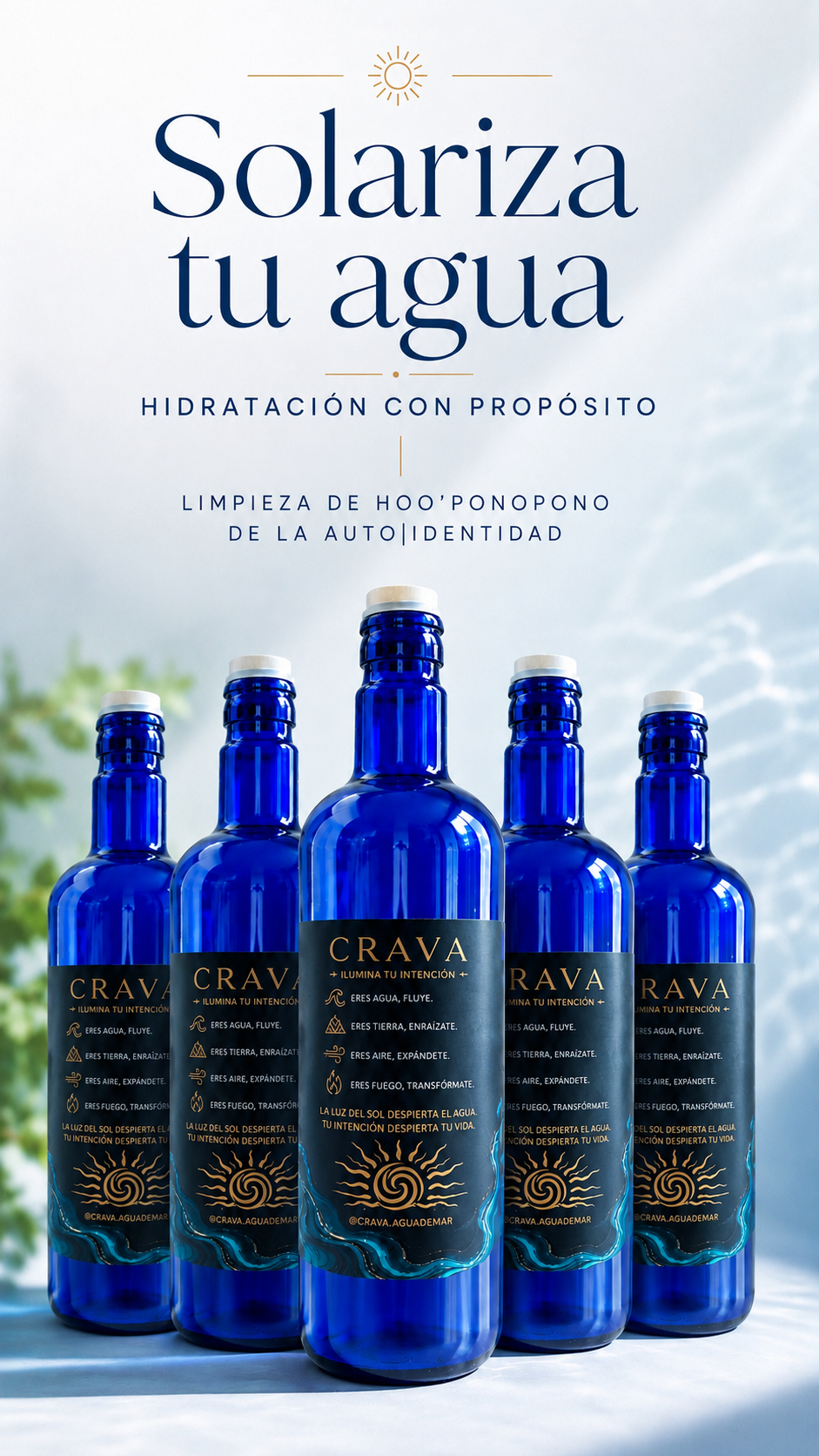5 Botellas de Vidrio Azul CRAVA para solarizar tu agua