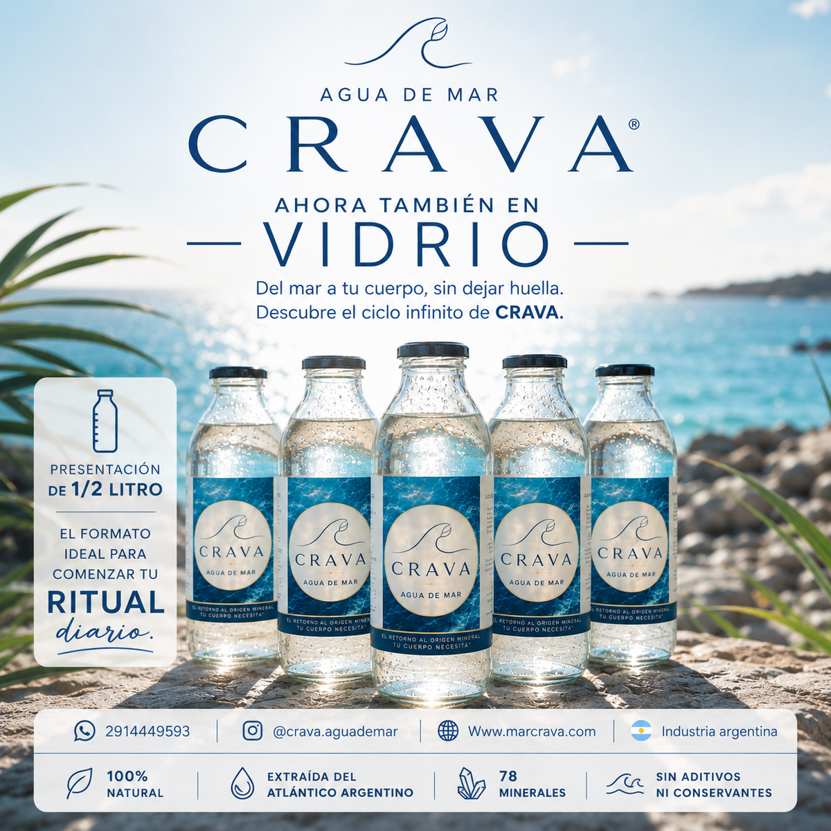 Agua de mar CRAVA en VIDRIO 1/2 lt.